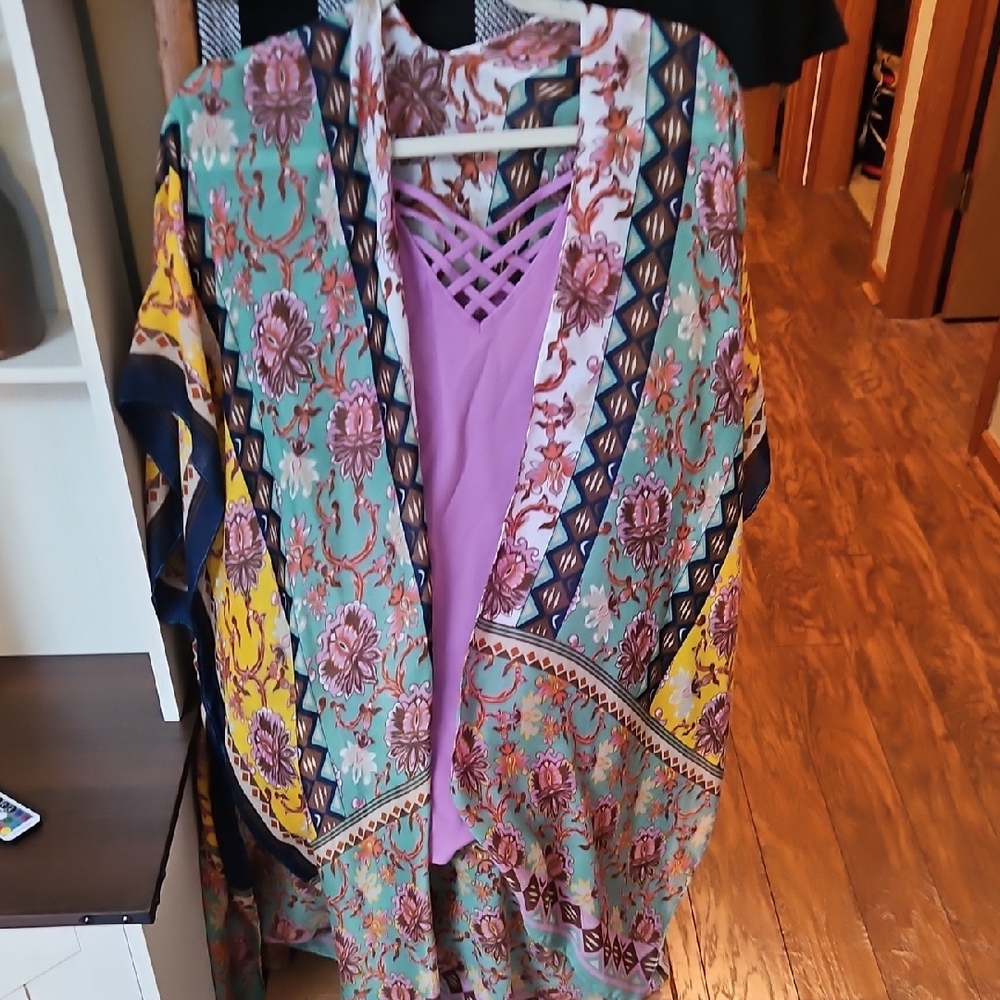 Floral Patterned Kimono with Purple Top